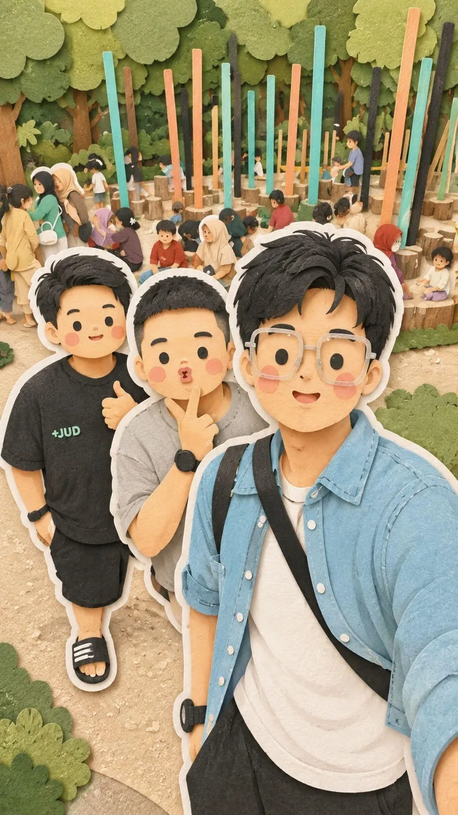 Kawaii family travel paper cut collage art — After