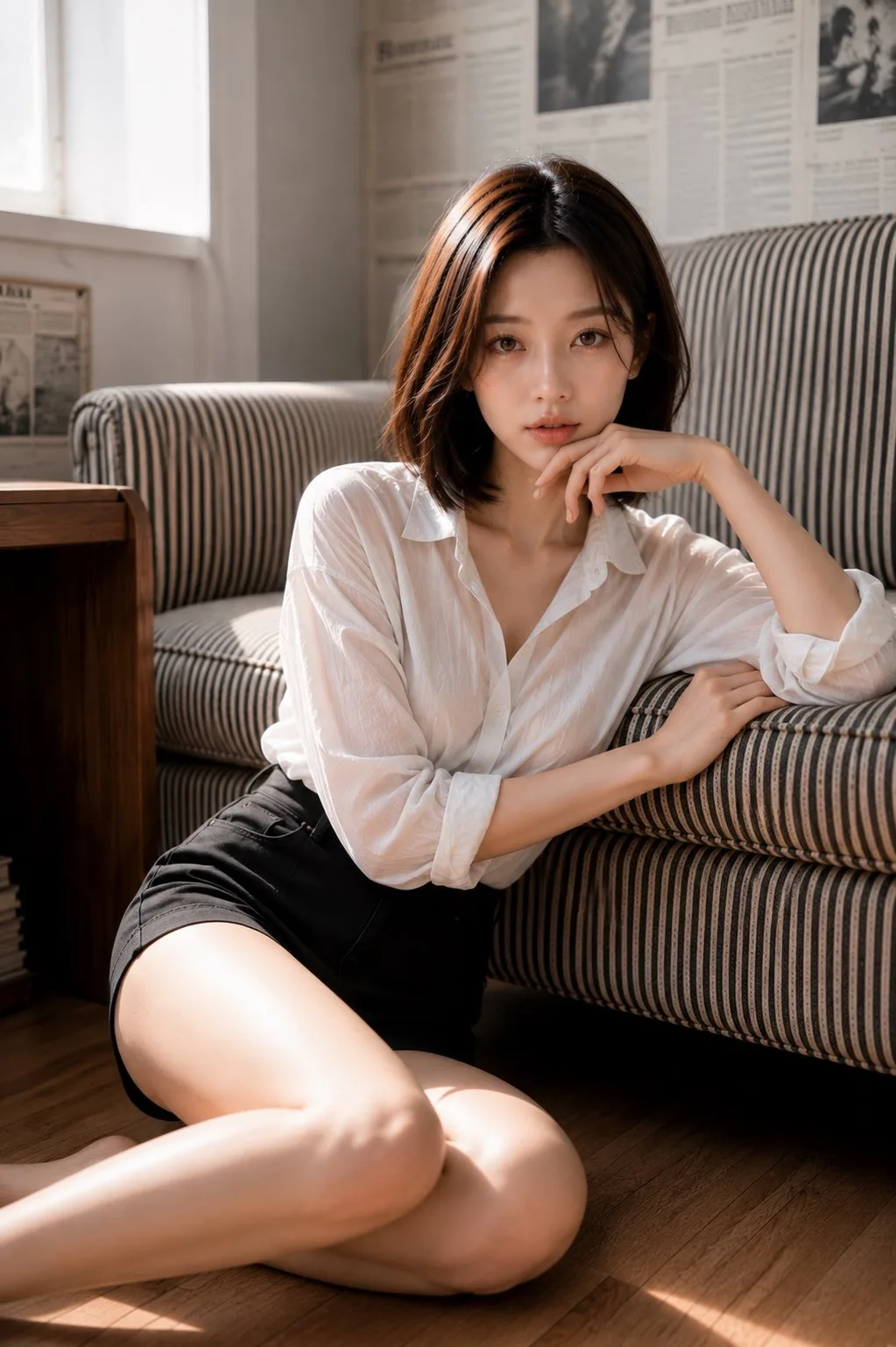 Elegant model sitting on wooden floor by sofa — After