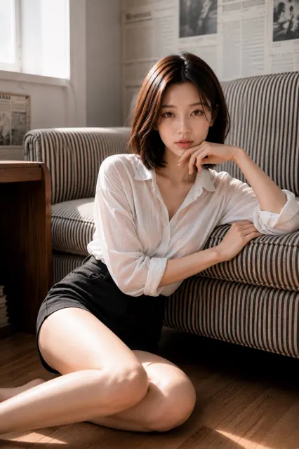 Elegant model sitting on wooden floor by sofa