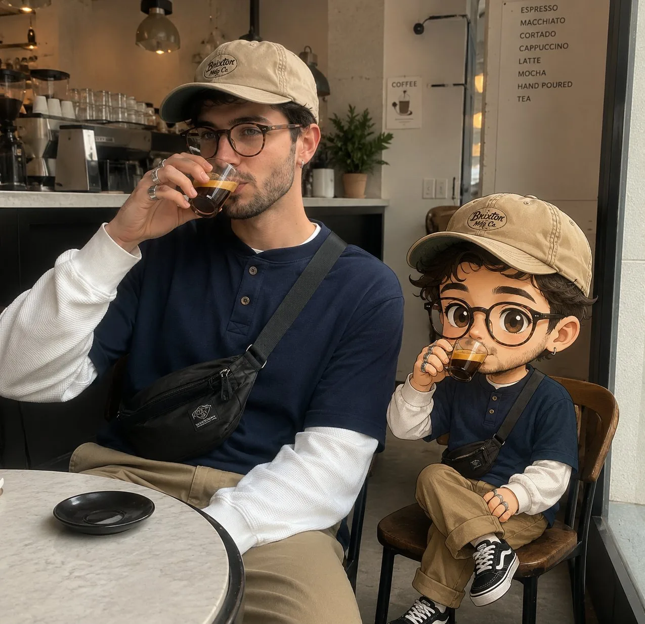 Modern cafe man with chibi cartoon clone — After