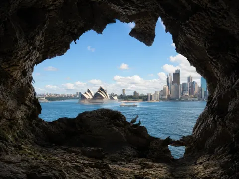 Country silhouette cave landmark photorealistic prompt