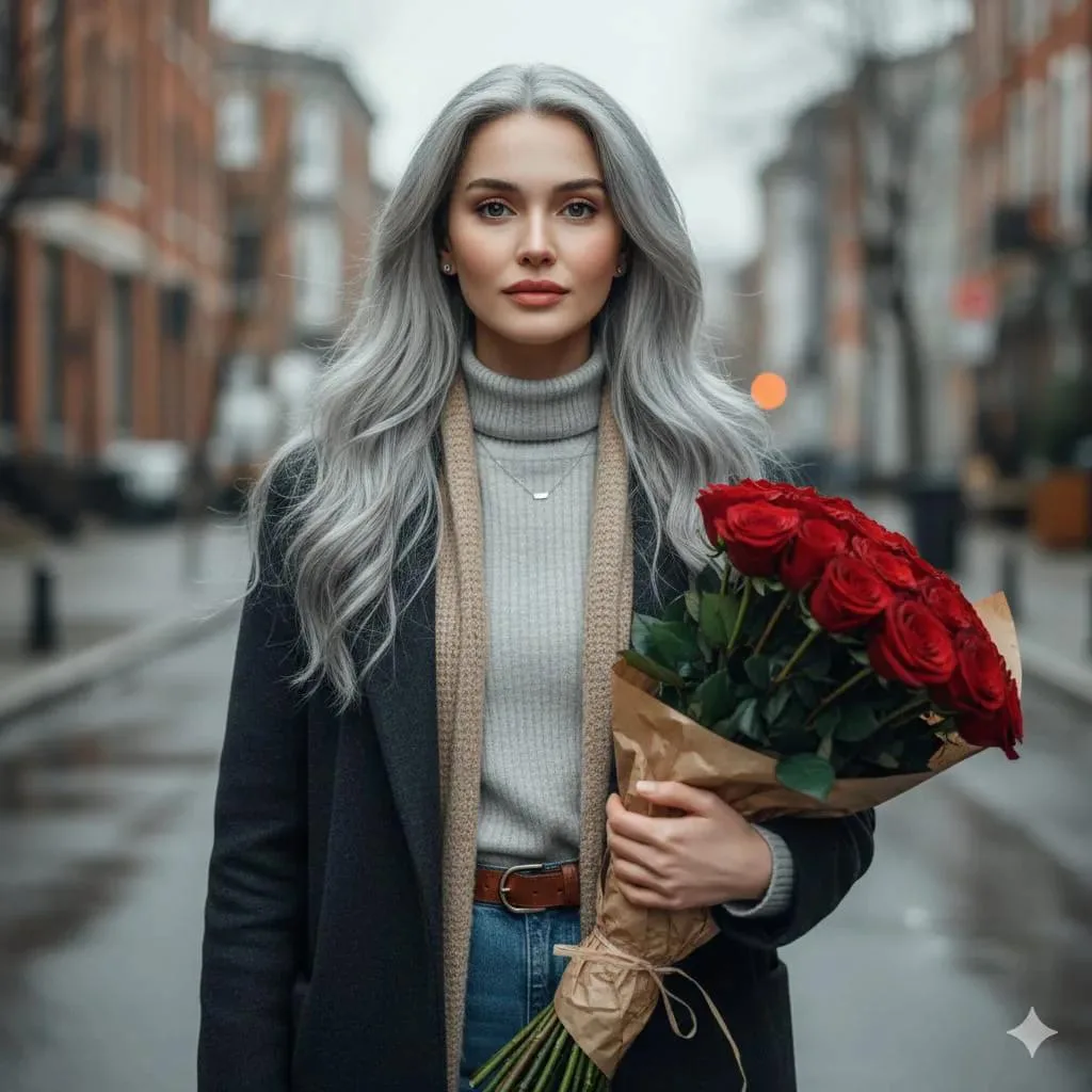 Silver haired woman with roses cinematic portrait — Sonra
