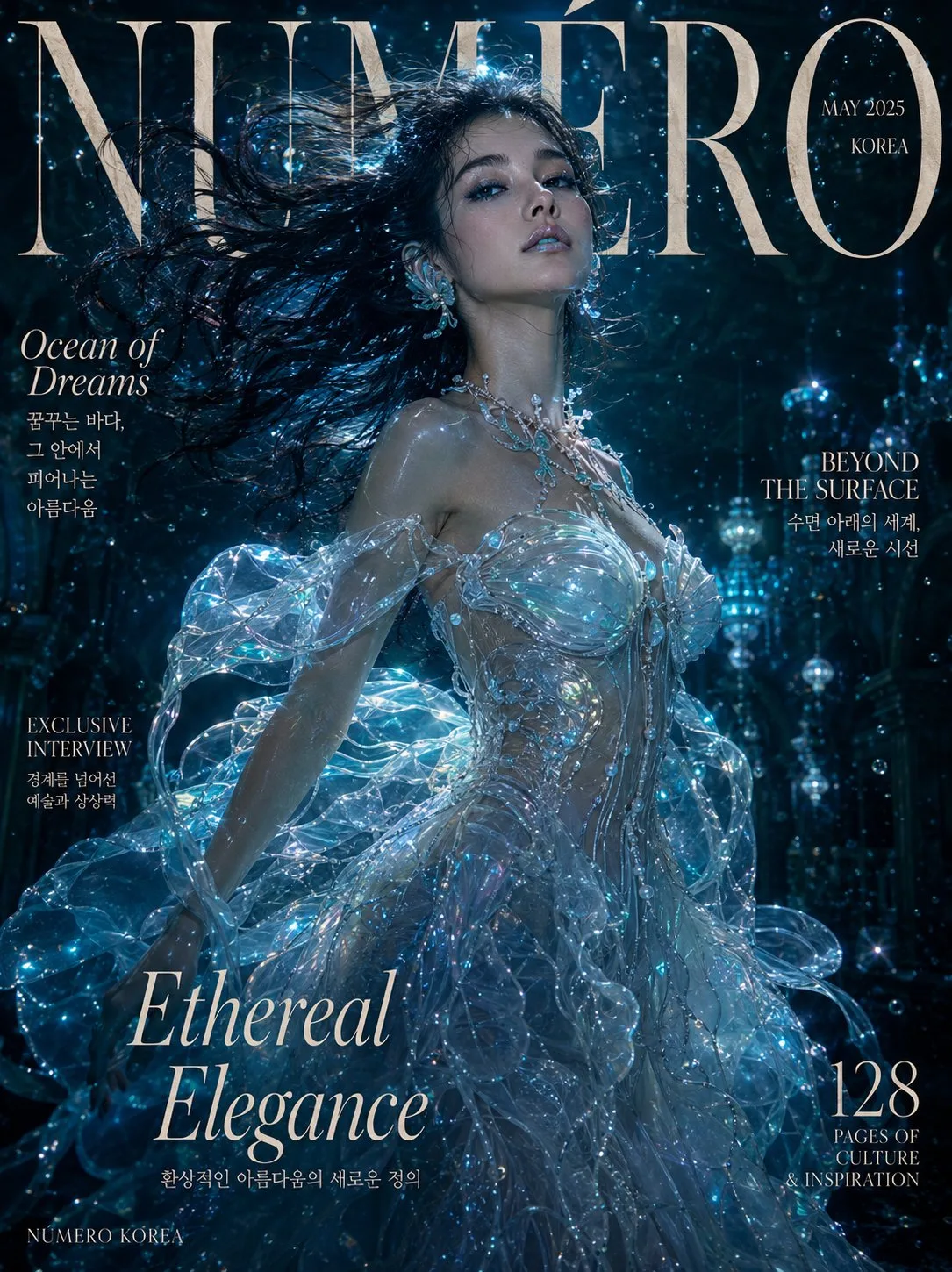 Ultra realistic fantasy editorial magazine cover jellyfish gown korean woman — After
