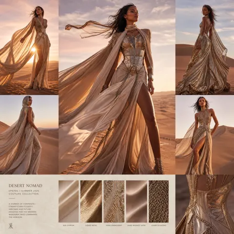 Cinematic desert vogue adventurer character design board