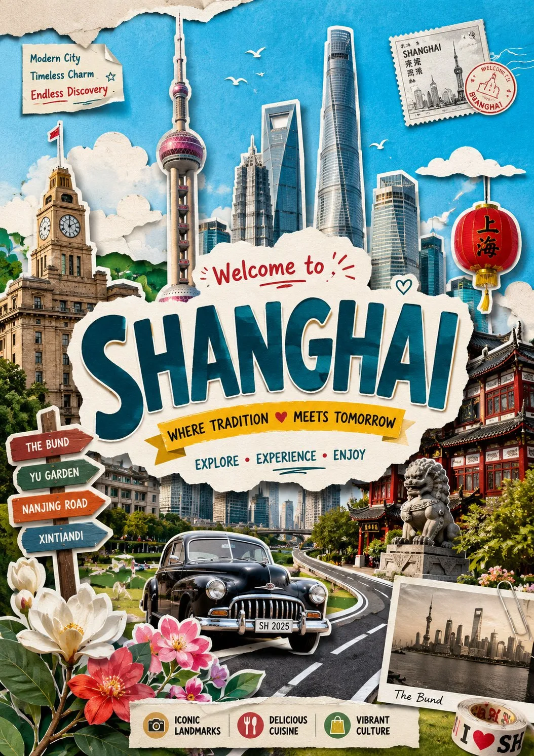 Vibrant travel paper cutout collage poster — Sonra