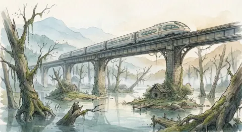 Fantasy watercolor flooded forest train