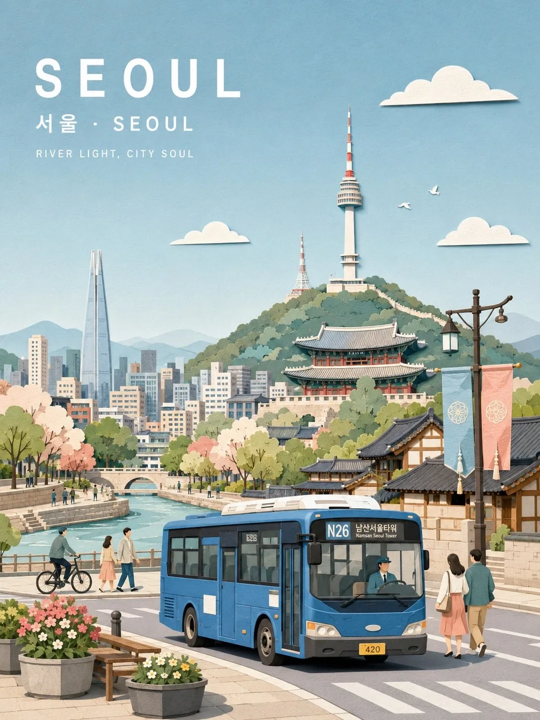Refined pastel paper collage city travel poster — After