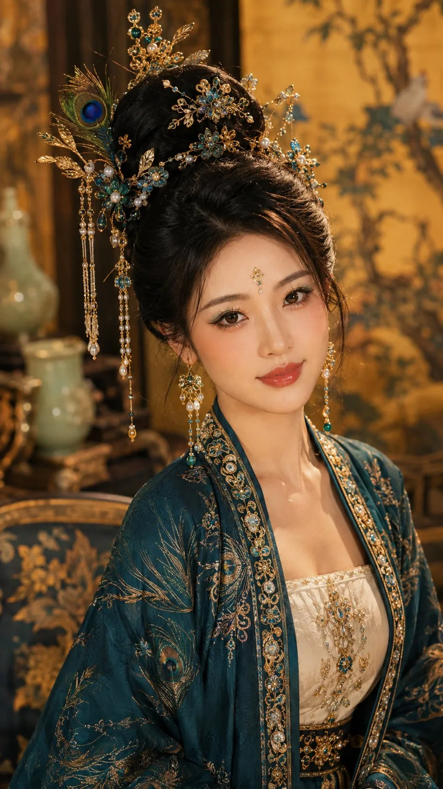 Peacock gold oriental noble lady makeup portrait — Sonra