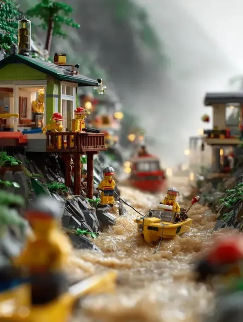 Lego mountain flood rescue scene