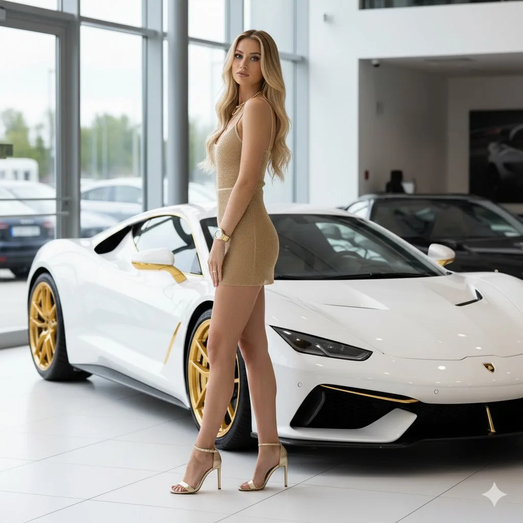 Luxury gold dress white supercar — Sonra