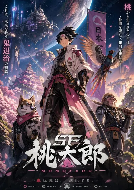 Cyberpunk sci fi momotaro key visual