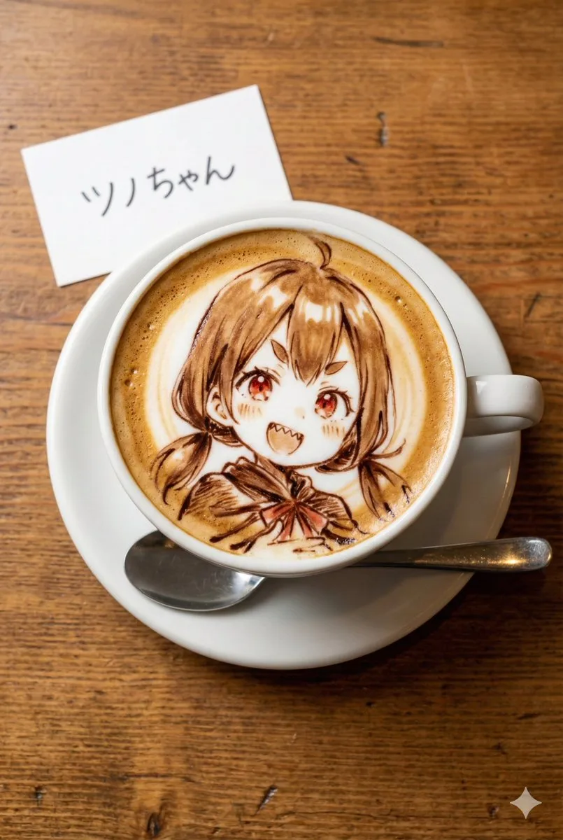 Warm healing red eyed girl latte art — After