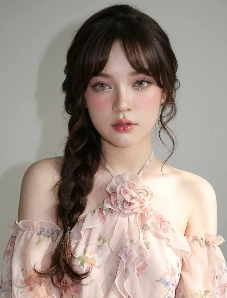 Ultra realistic woman pink floral chiffon dress — After
