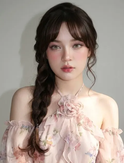 Ultra realistic woman pink floral chiffon dress