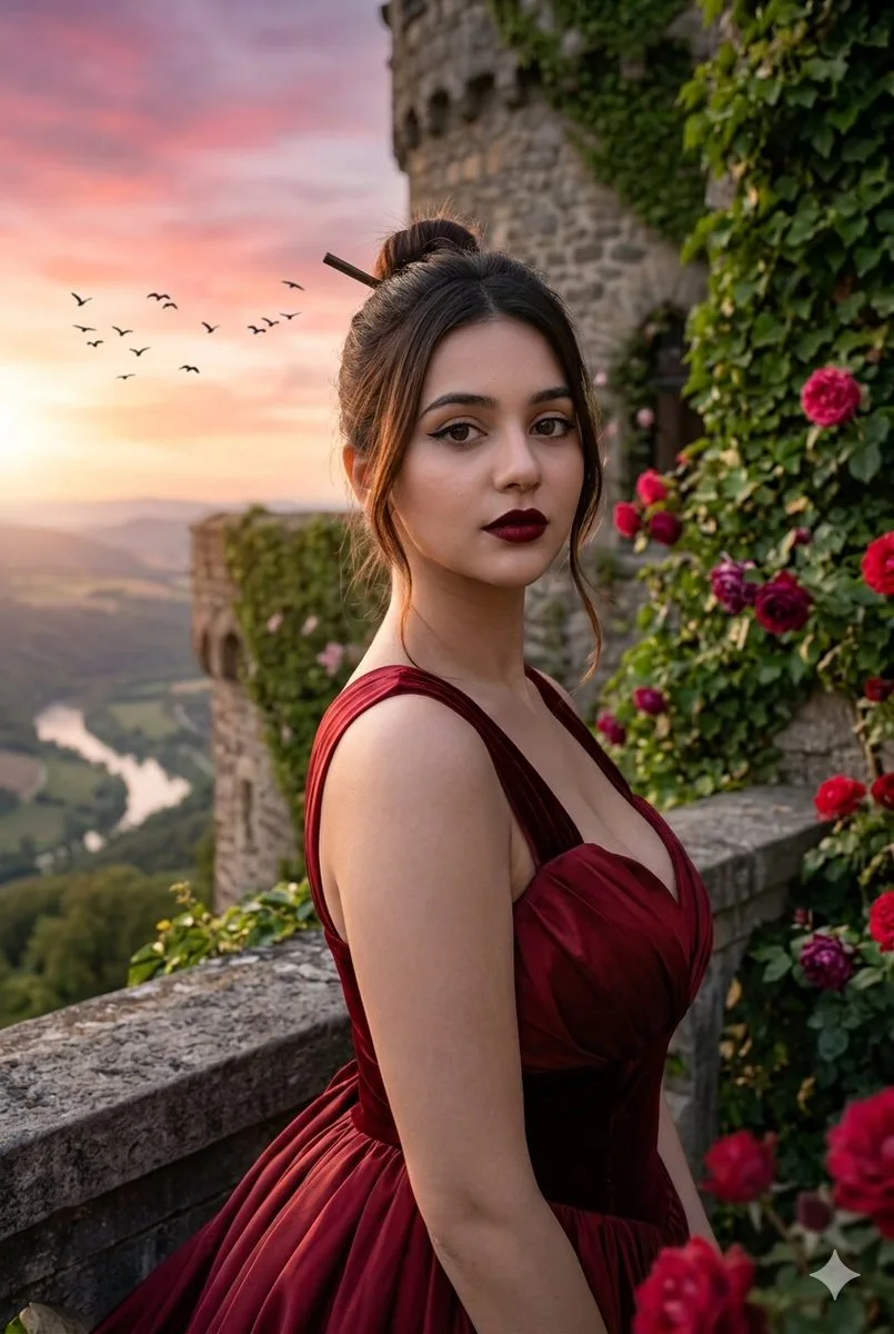 Twilight rose castle cinematic portrait — Sonra