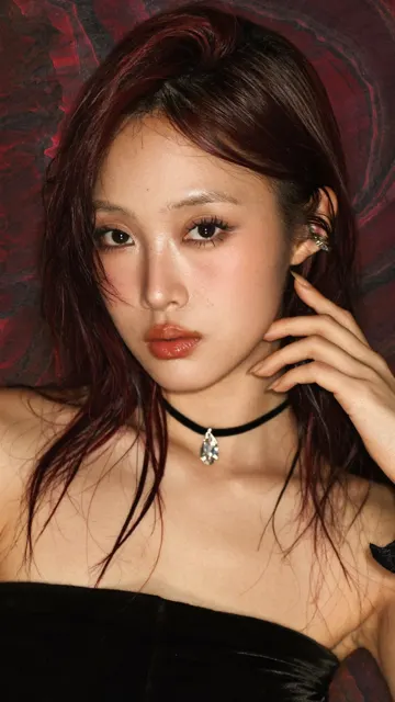 East asian woman burgundy hair high fashion portrait