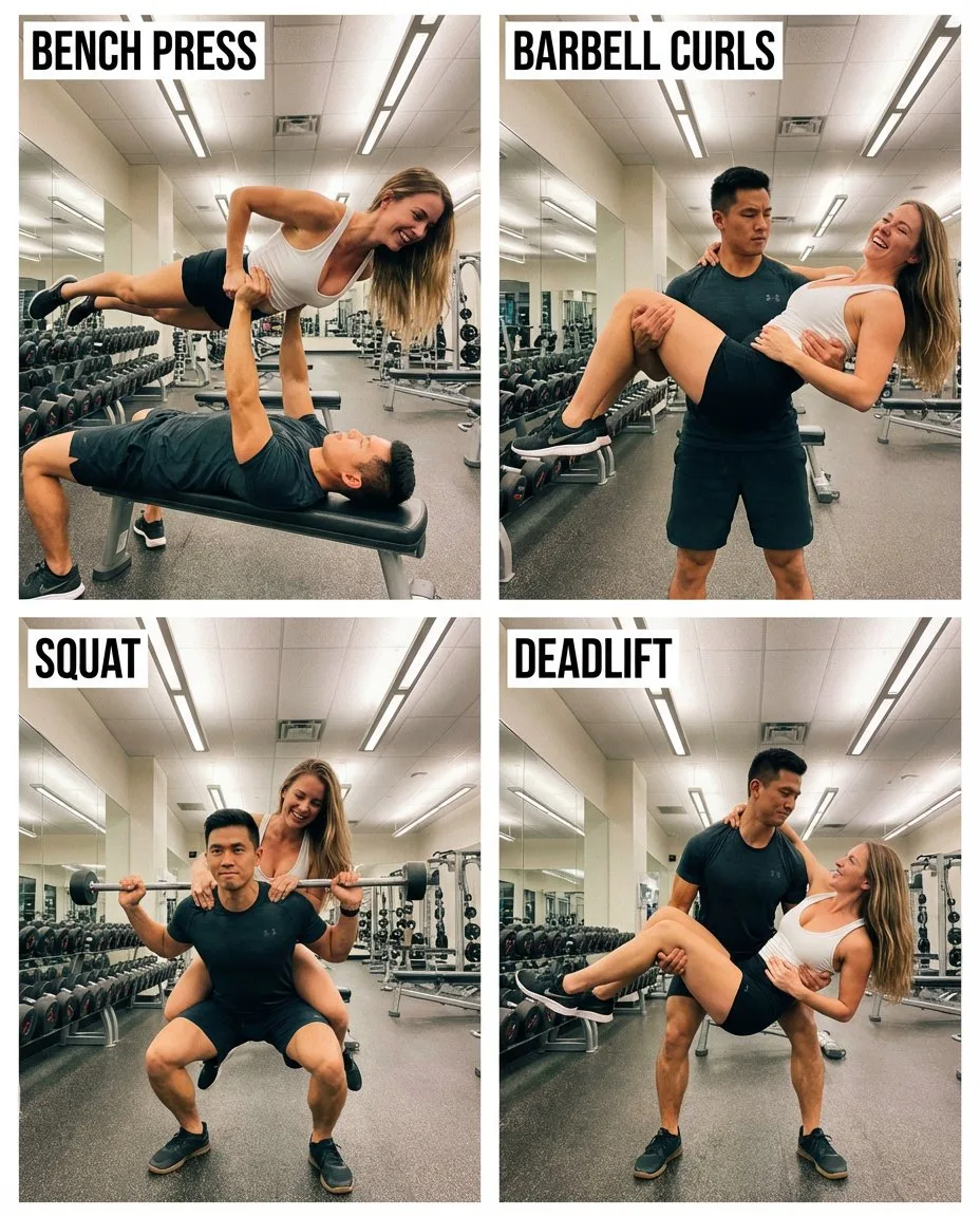 Playful couple human barbell training — After