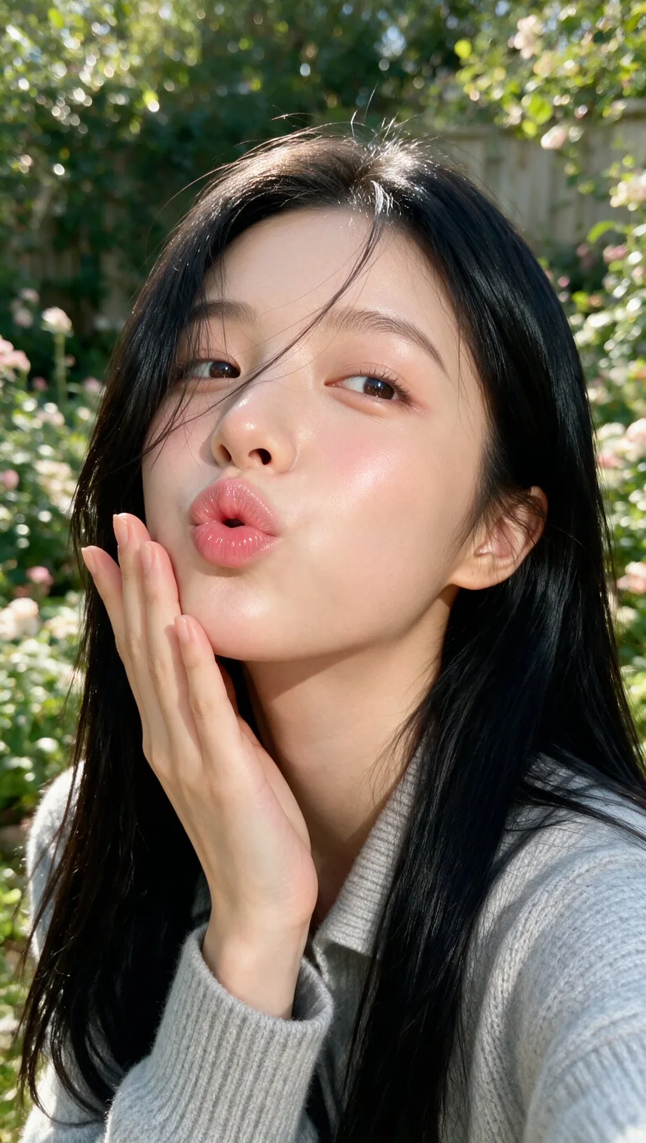 East asian woman kissing face photorealistic portrait — Sonra