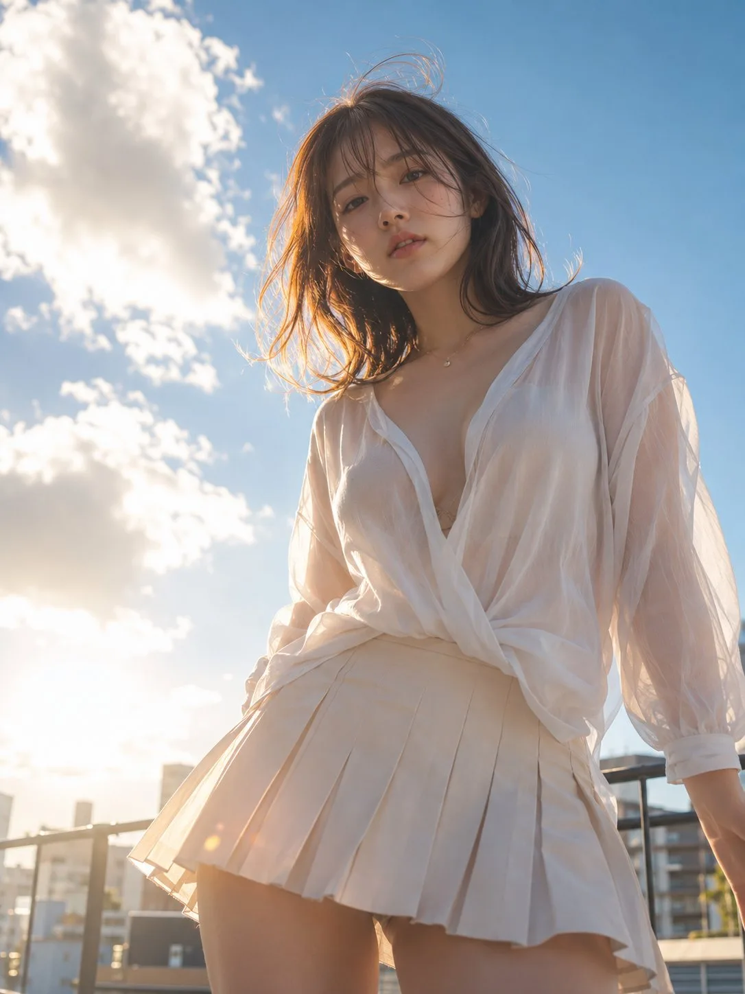 White clothed mature woman urban rooftop portrait — After