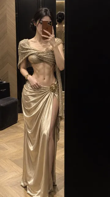Luxury fitting room satin skirt abs mirror selfie
