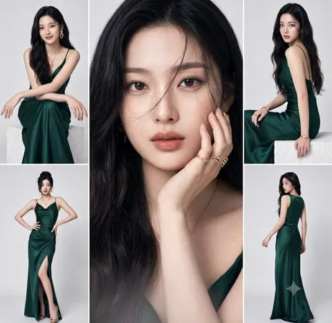 Emerald green satin gown fashion photography collage
