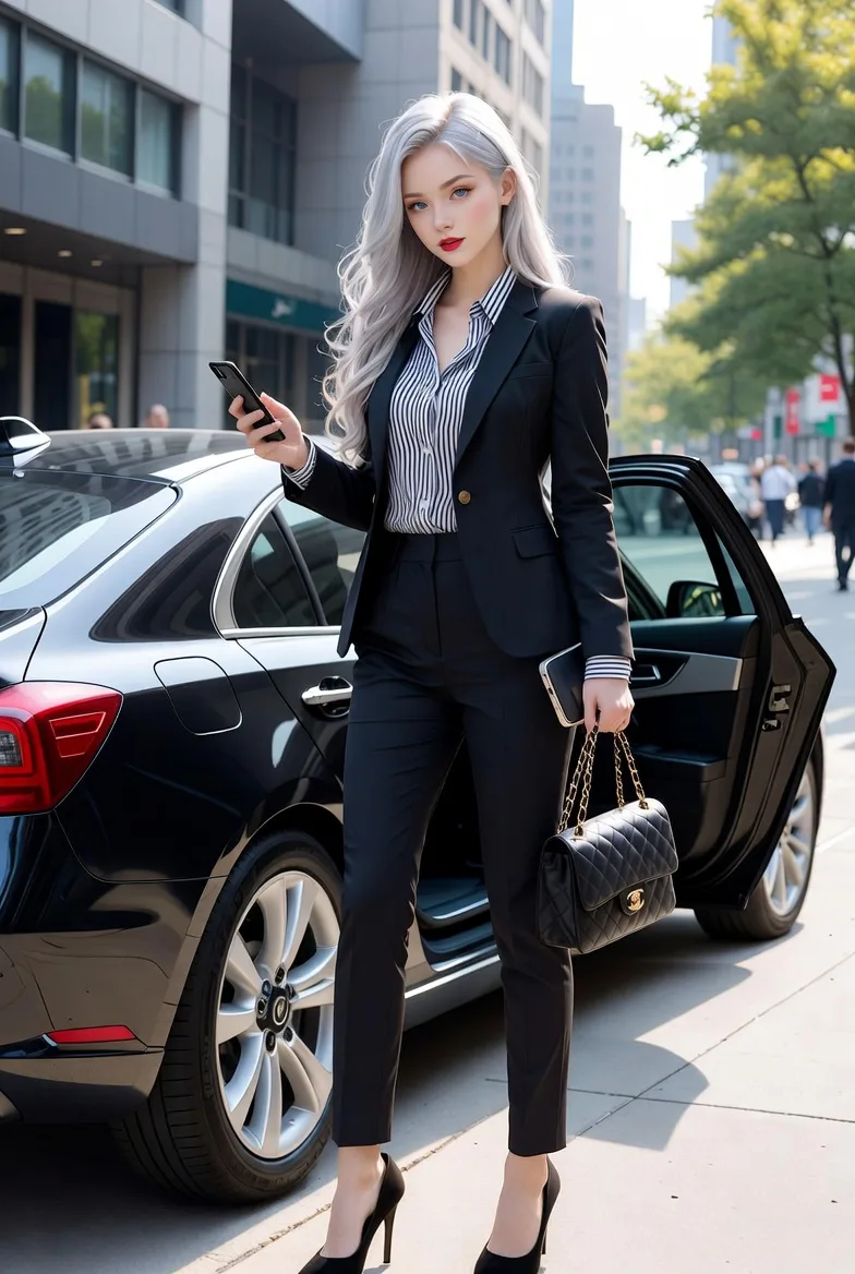 Silver hair businesswoman luxury car city street — After