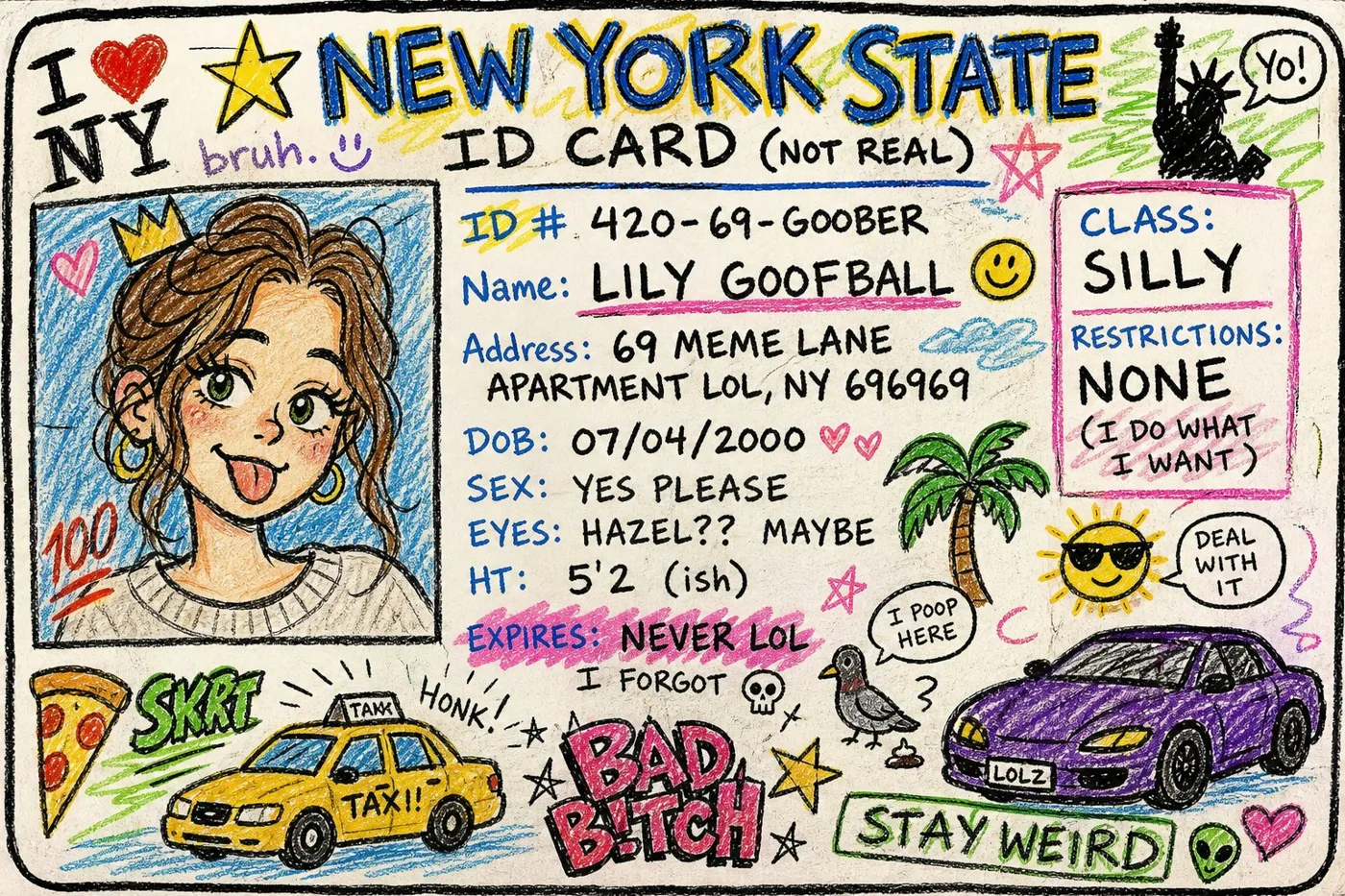 Fake new york id crayon doodle style — Sonra