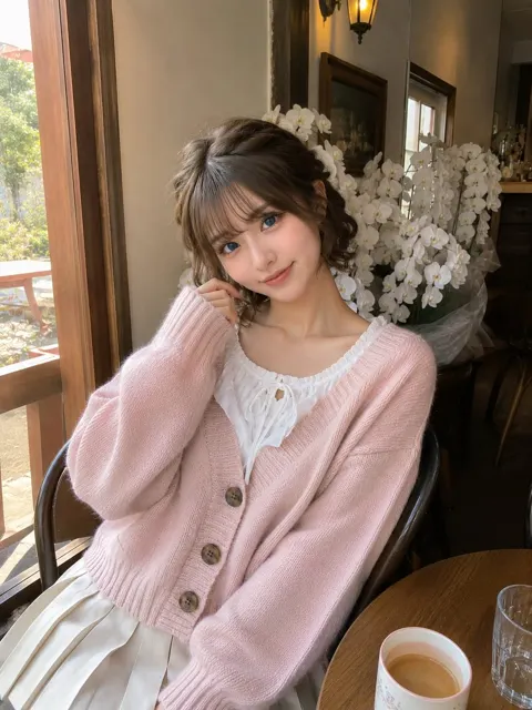 Cute woman pink cardigan cafe smartphone photo