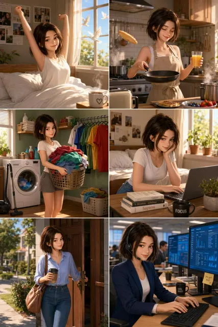 Pixar style 3d animated woman daily routine collage