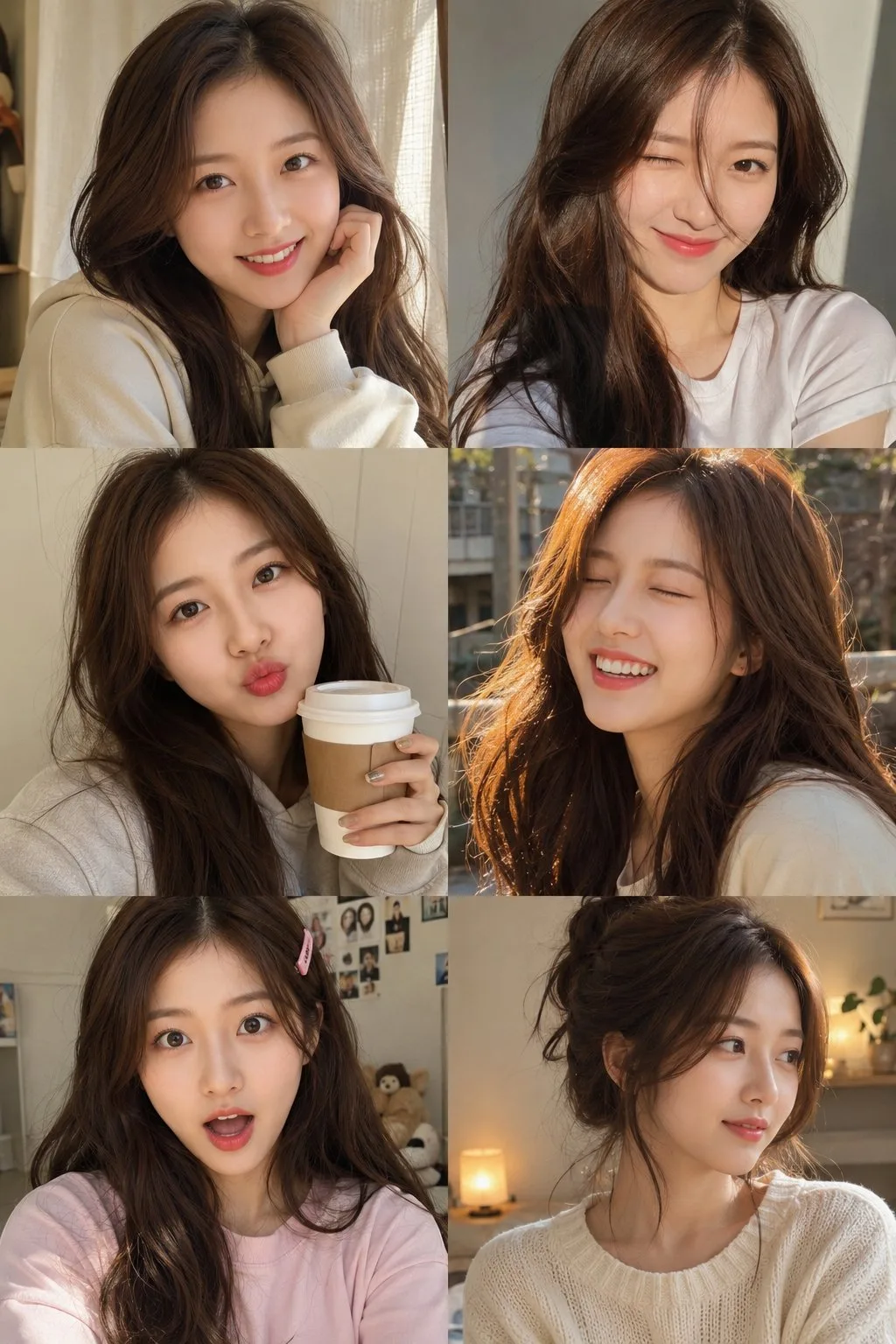 Realistic six frame girl selfie collage prompt — Sonra