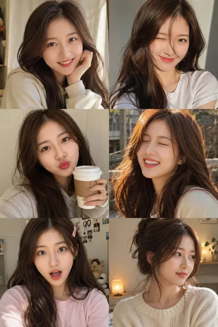 Realistic six frame girl selfie collage prompt