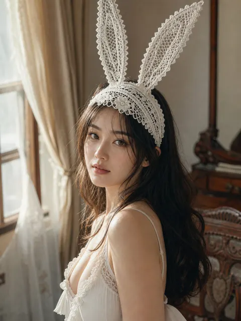 East asian beauty lace bunny ears portrait