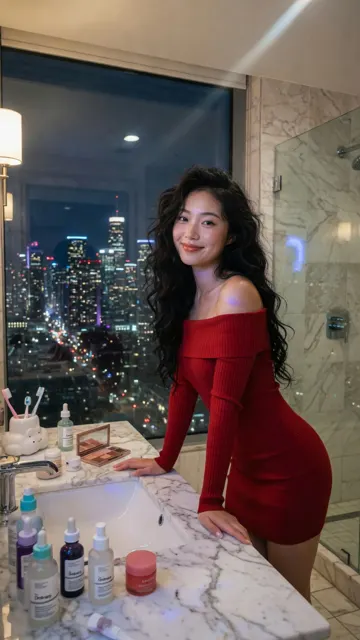 Modern luxury bathroom red dress east asian woman night portrait