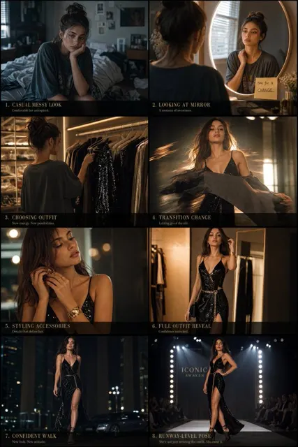 Fashion transformation storyboard prompt