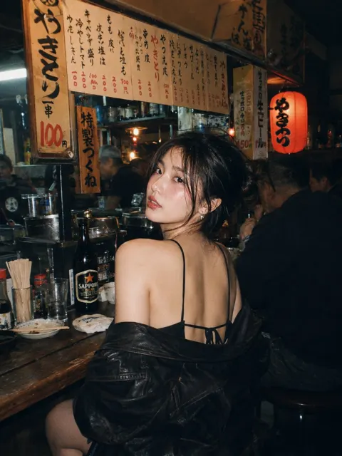 East asian woman izakaya red sweater cinematic