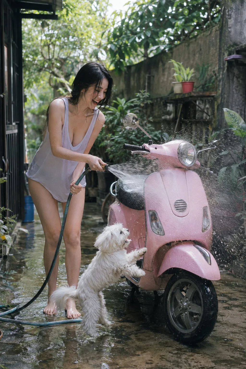 Chinese woman washing pink scooter with maltipoo cinematic — Sonra