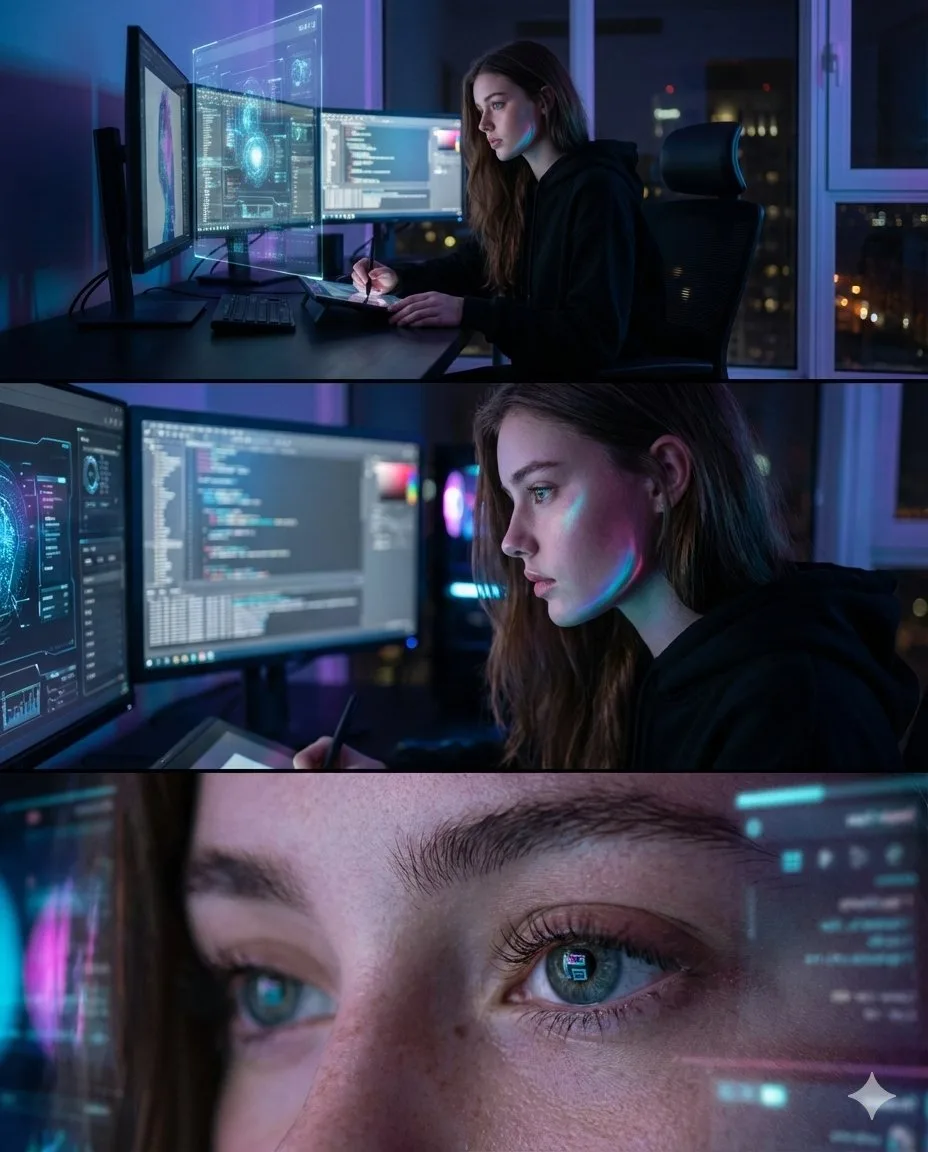 Cinematic neon future tech triptych — After