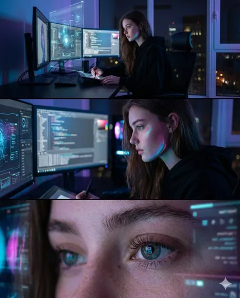Cinematic neon future tech triptych