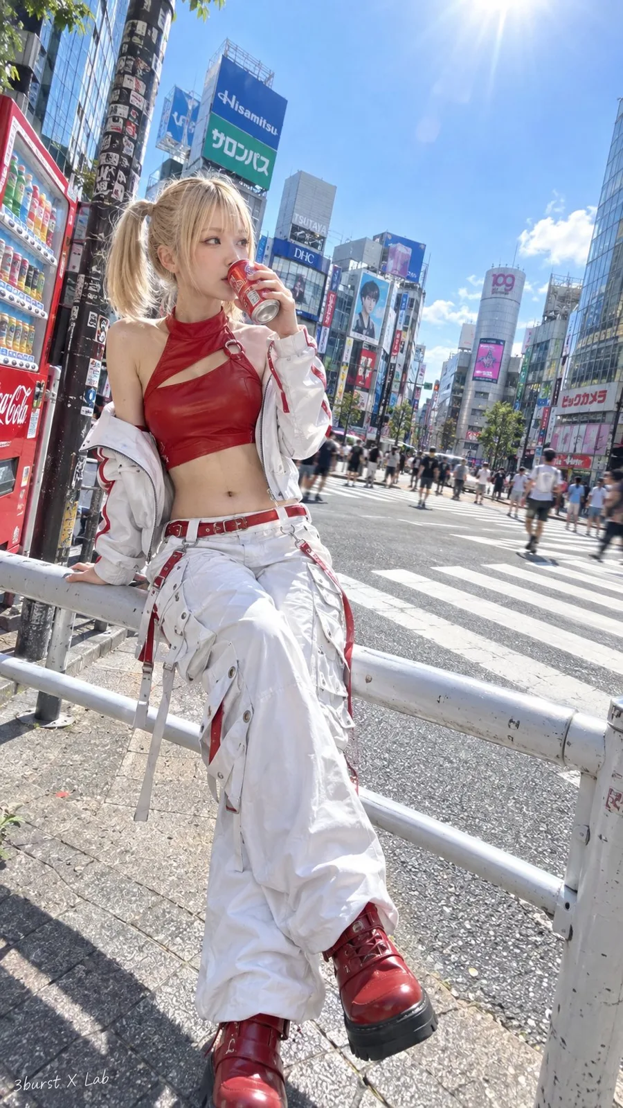 Japanese metropolis street style woman sitting on guardrail — After