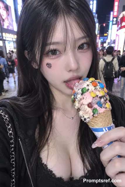 Night city street ice cream selfie girl