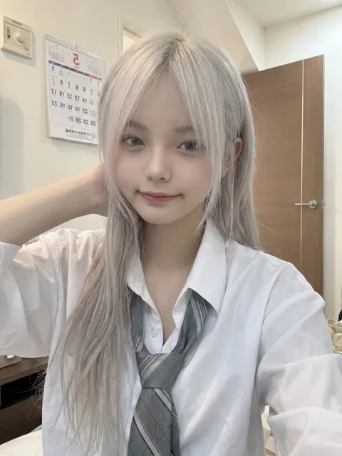 Silver white hair japanese girl smartphone selfie