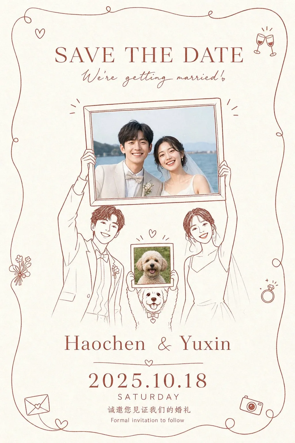 Hand drawn line art wedding invitation prompt — Sonra