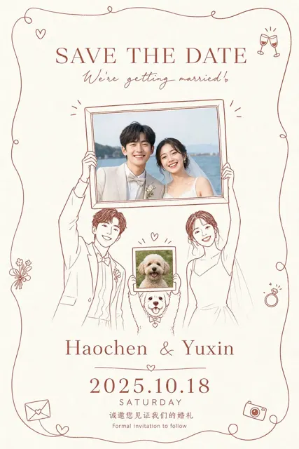 Hand drawn line art wedding invitation prompt