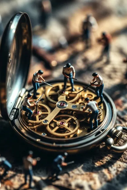 Miniature artisans restoring antique watch