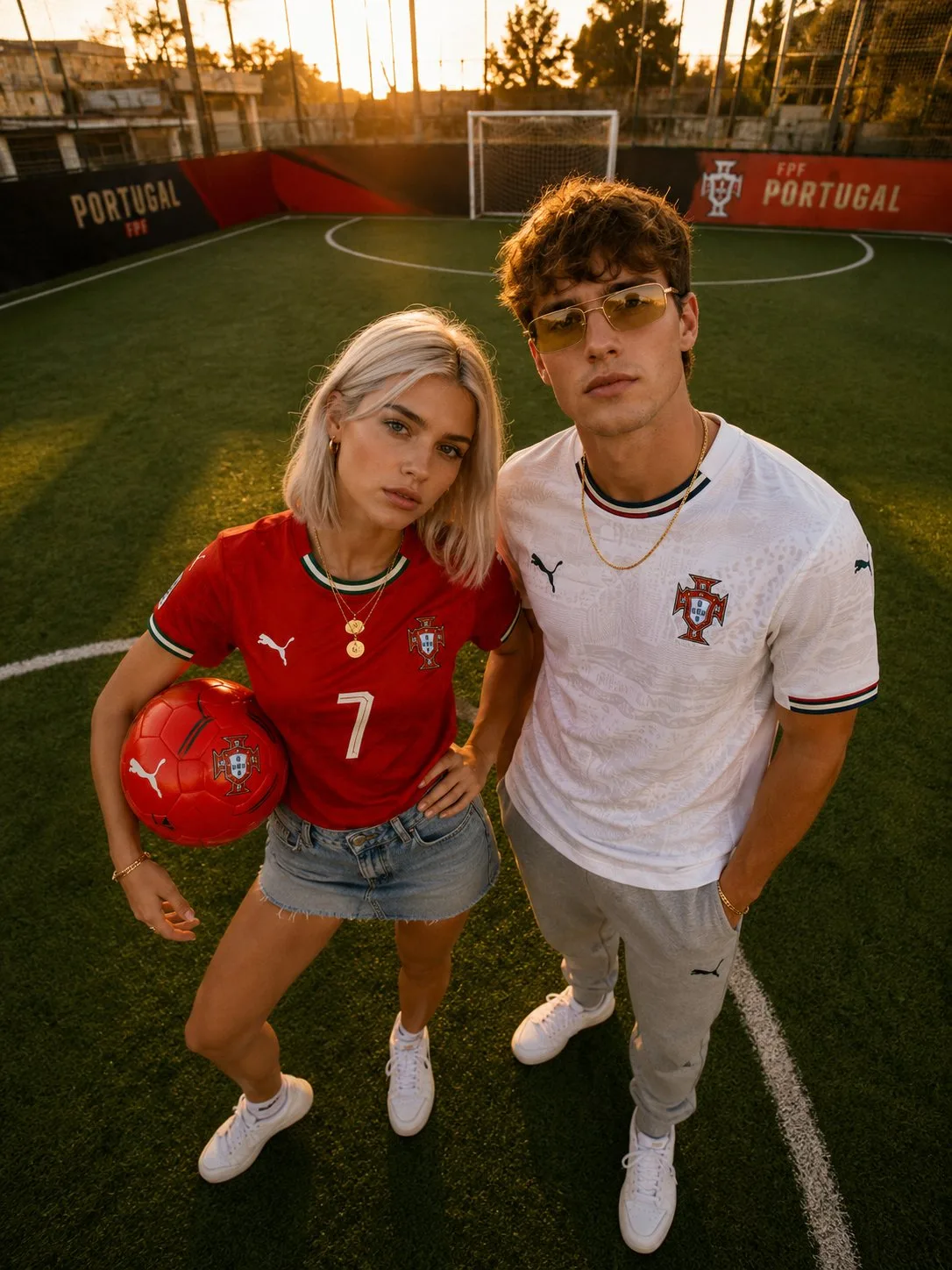 Dynamic football fashion editorial golden hour — After