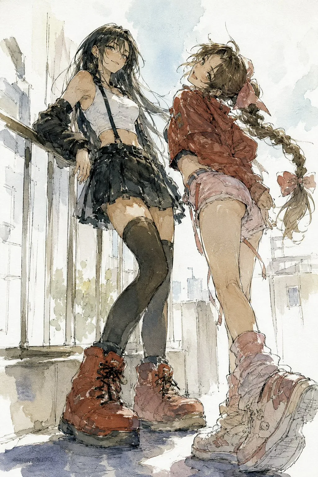 Watercolor manga sketch girls sunlit balcony — After