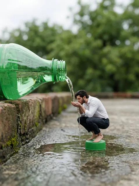 Surreal miniature bottle cap drinking