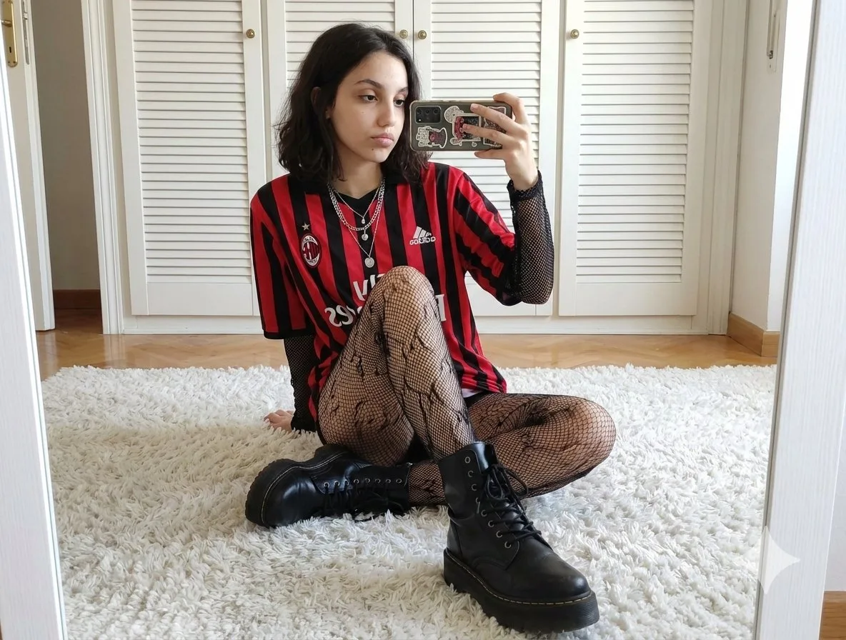 Red black jersey mirror selfie — Sonra