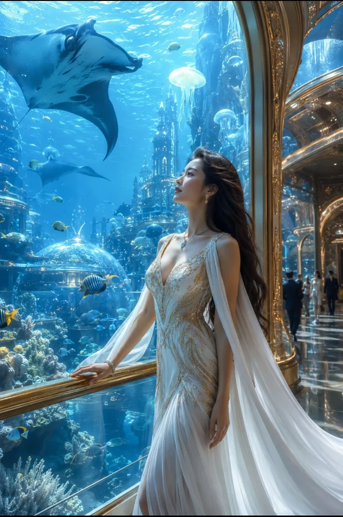 Luxury futuristic aquarium city portrait — Sonra