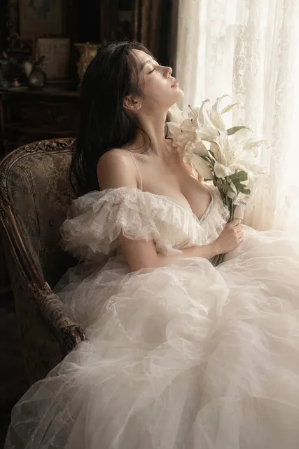 Vintage indoor window white tulle dress east asian woman